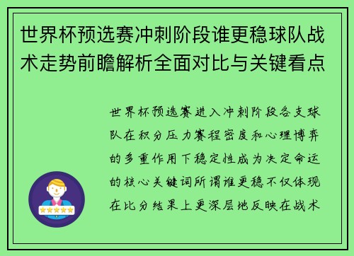 世界杯预选赛冲刺阶段谁更稳球队战术走势前瞻解析全面对比与关键看点
